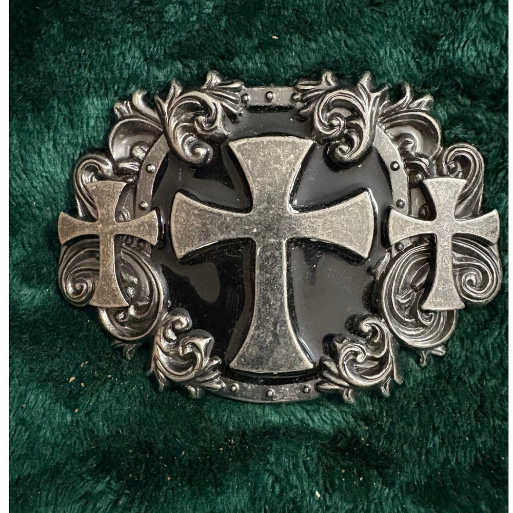 Gothic Triple Cross Belt Buckle Silver Tone Black Enamel Biker Western Scroll